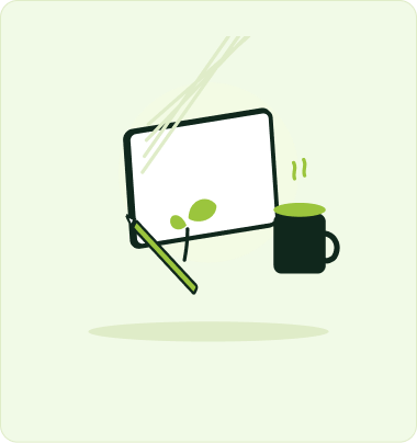 Illustration of a seedling sketched on a drawing board beside a cup of coffee